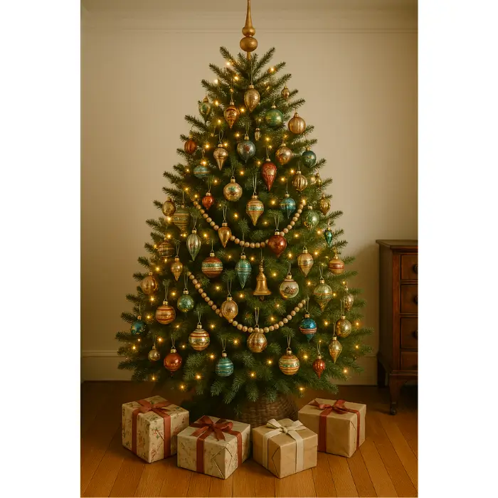 Retro-style Christmas tree with nostalgic holiday decorations.