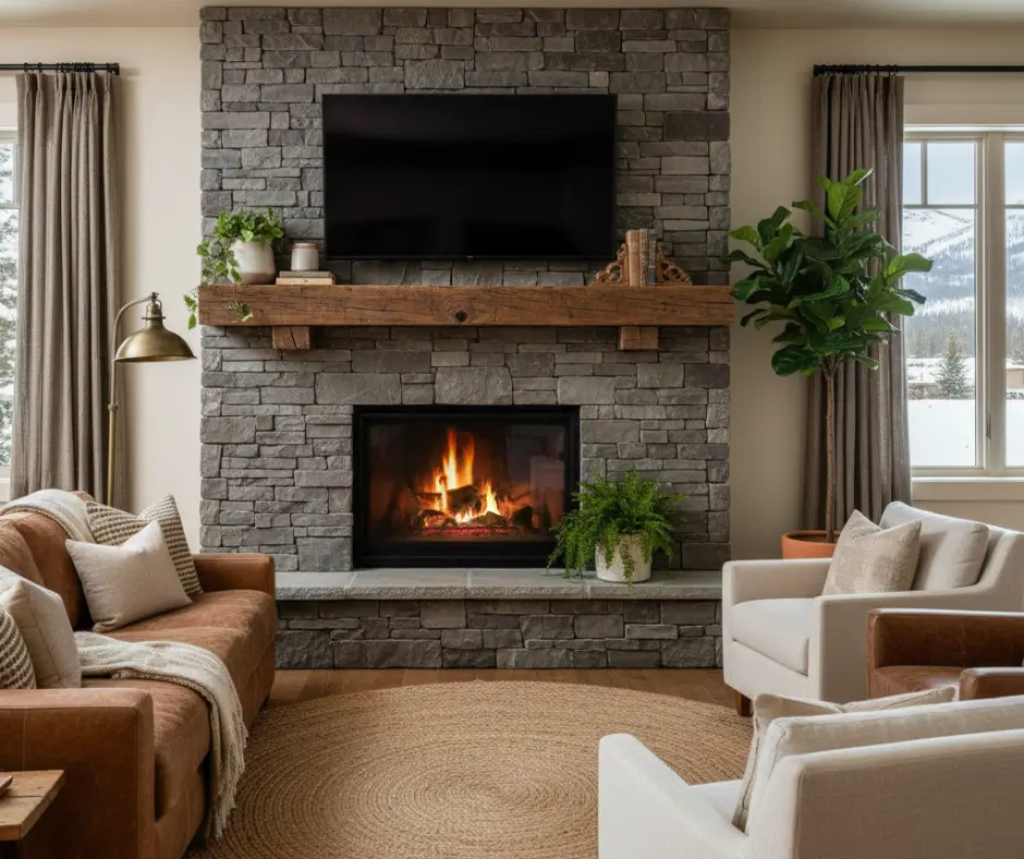 Cozy rustic fireplace wall design with TV above wood mantel.