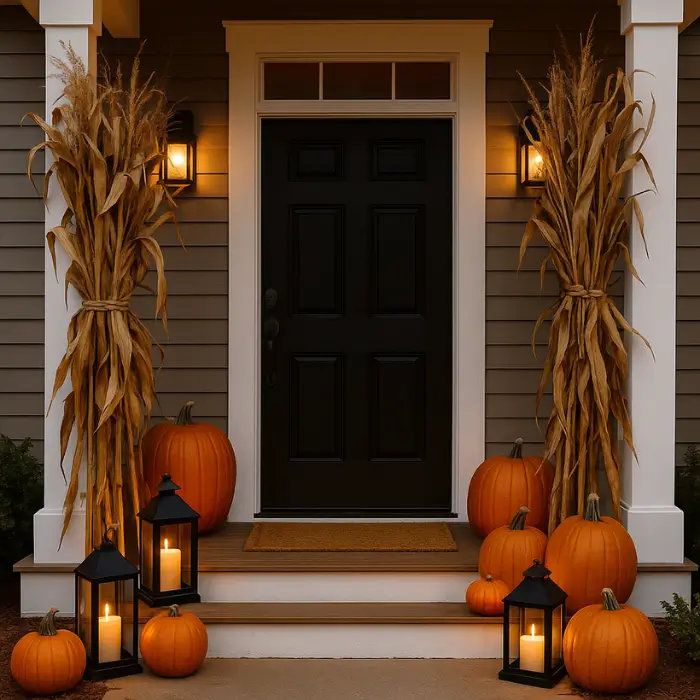 Rustic farmhouse Halloween porch with lanterns and harvest décor.