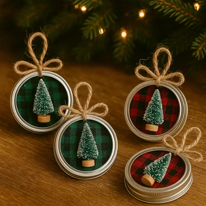 Rustic mason jar lid Christmas ornaments with cozy holiday designs