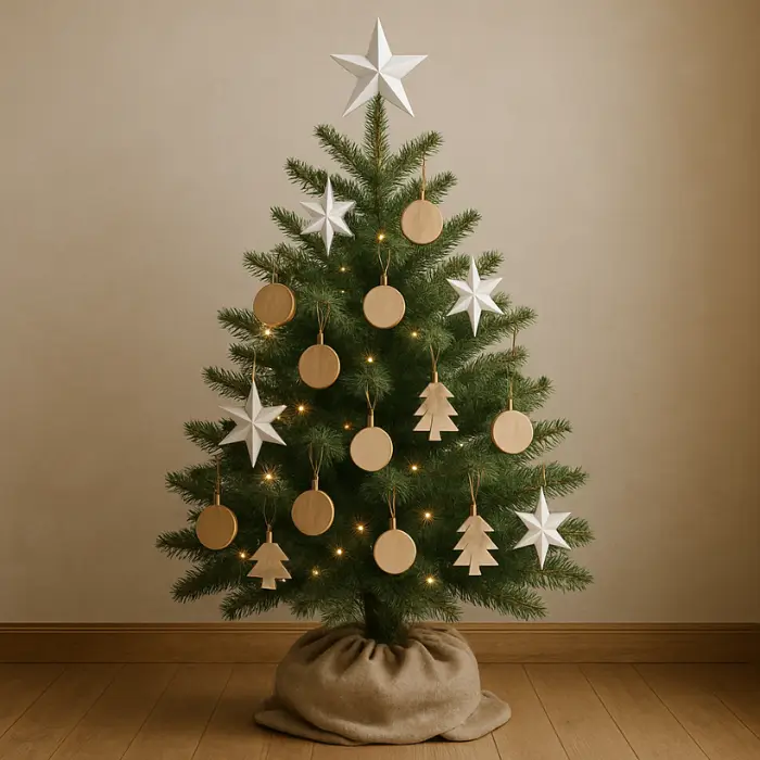 Scandinavian Christmas tree decorated in neutral tones with simple ornaments.