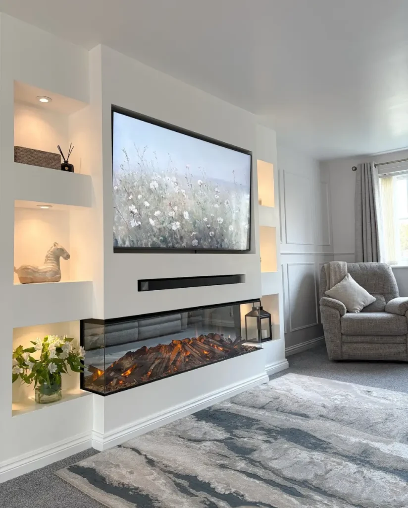 Bright shiplap fireplace wall design with mounted TV and cozy modern furniture.