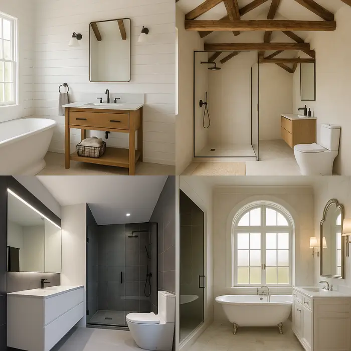 Side-by-side collage of farmhouse, rustic, modern, and luxury bathrooms.