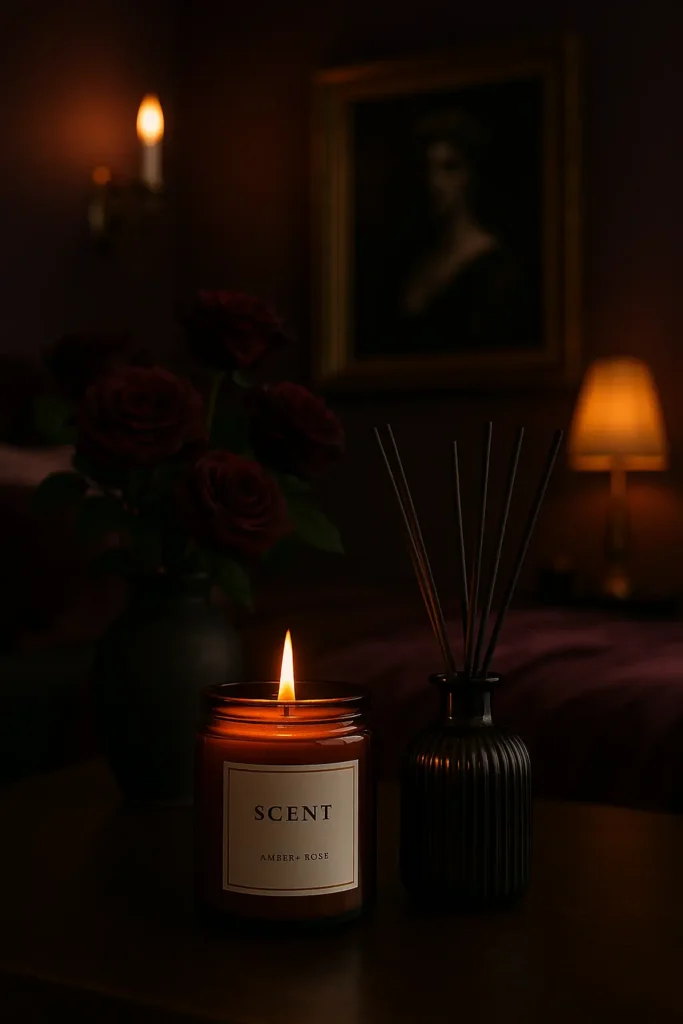 Scented candles and a diffuser in an elegant dark bedroom setting.
