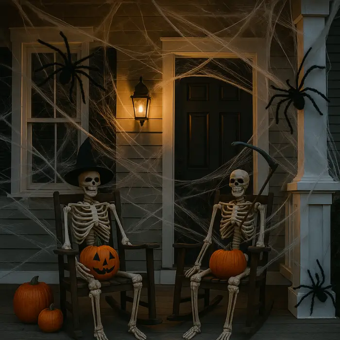 Spider web-covered Halloween porch with creepy decorations