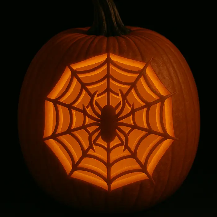 Spiderweb-carved pumpkin glowing with candlelight for Halloween