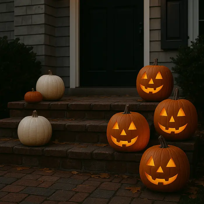 Porch decorated with stacked pumpkins and flickering candlelight.
