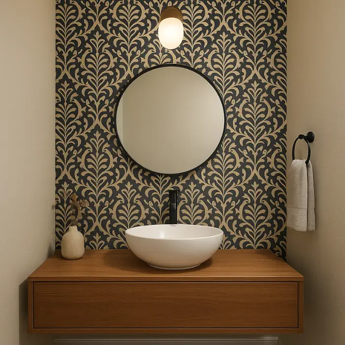 Stylish powder room with a vessel sink and patterned wall.