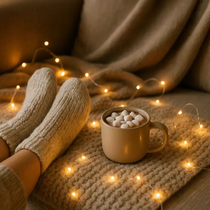 Cozy home gifts for Christmas, including blankets and candles.
