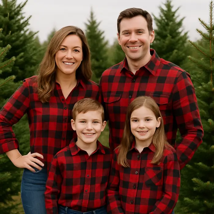Family wearing green and brown layers surrounded by pine trees.