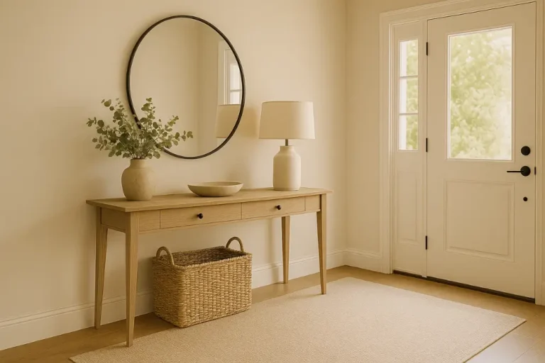 Entrance with indoor plants and wooden furniture.