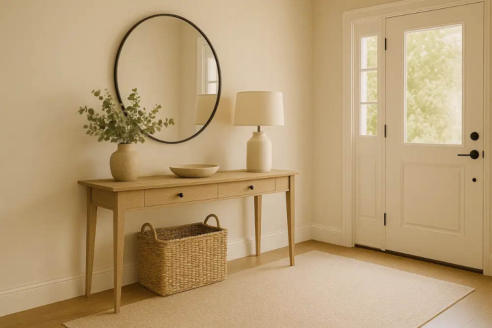 Entrance with indoor plants and wooden furniture.