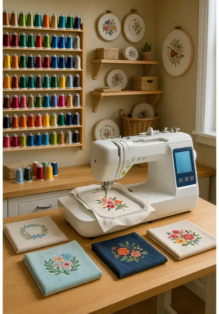 cozy craft room with embroidery machine