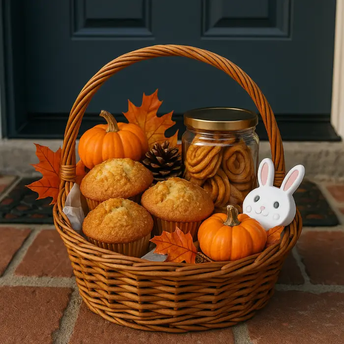 Halloween boo basket for neighbors with homemade treats and décor.