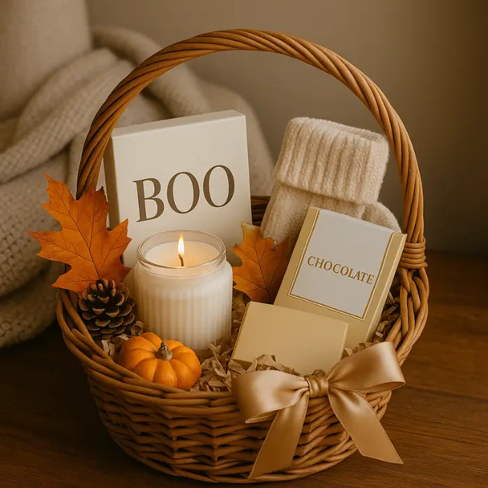 Halloween boo basket for friends with chic and cozy gifts.