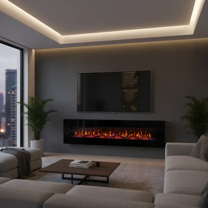  Wall-mounted electric fireplace with ambient lighting and TV setup.
