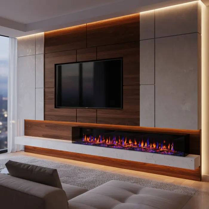 Recessed electric fireplace built into white shiplap living room wall.
