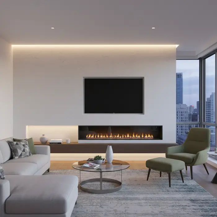 Electric fireplace media wall design with floating shelves and ambient lighting.