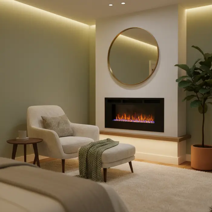Corner electric fireplace with reading chair and soft lighting.
