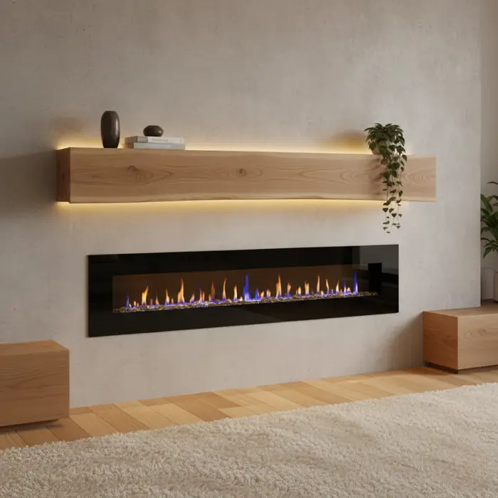 Electric fireplace with floating wood mantel and minimalist décor.