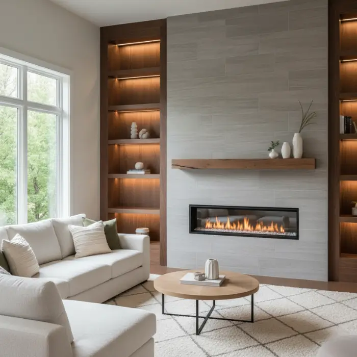 Stone electric fireplace combining rustic texture and modern design.