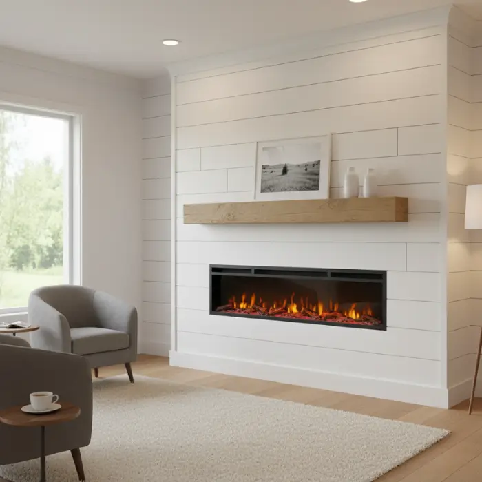 Shiplap fireplace wall in cozy coastal-inspired living room.