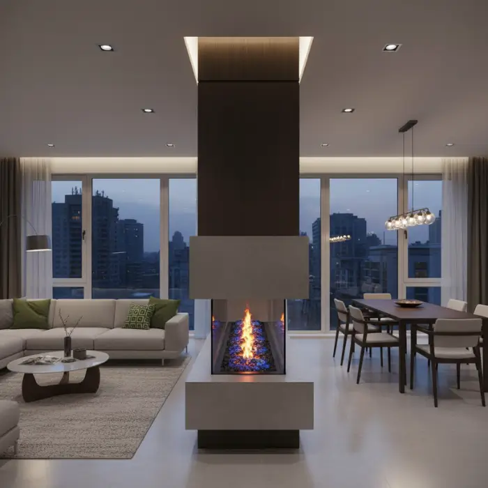  Double-sided electric fireplace separating open-concept living areas.