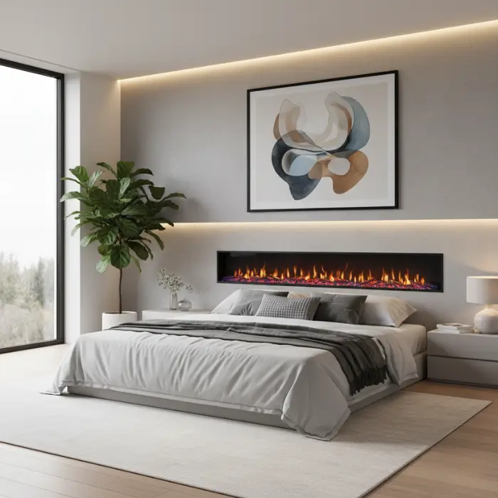 Neutral bedroom with built-in electric fireplace and cozy bedding.