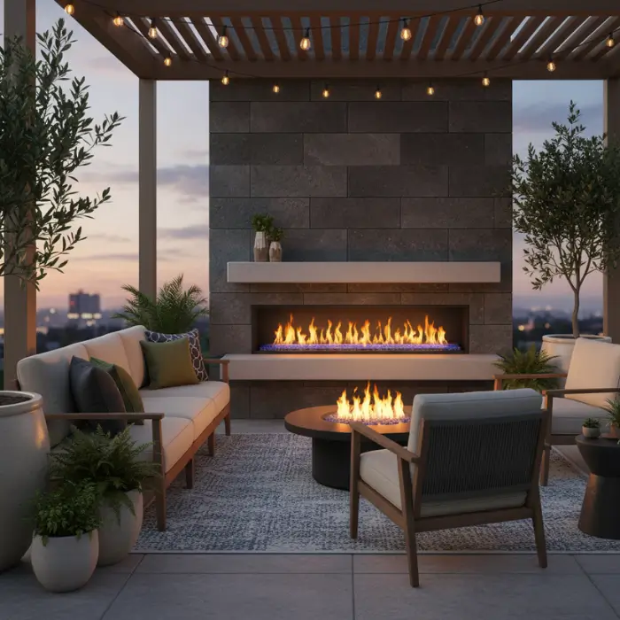 Outdoor living area featuring electric fireplace and string lights.