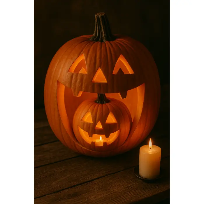 Peek-a-boo carved pumpkin with mini pumpkin inside glowing.