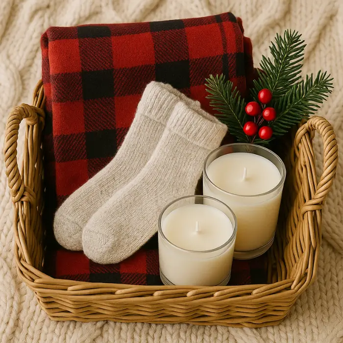 Cozy comfort Christmas gift set for teens with blanket and candles.