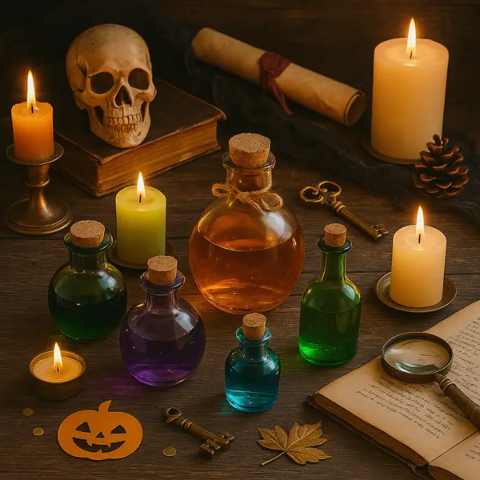 Vintage apothecary Halloween table setup with potion bottles