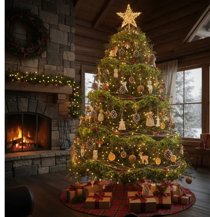 Rustic brown Christmas tree with pinecones and woodland decorations.