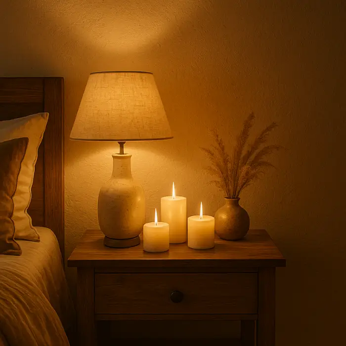 Cozy bedroom lighting with soft lamps and candles.