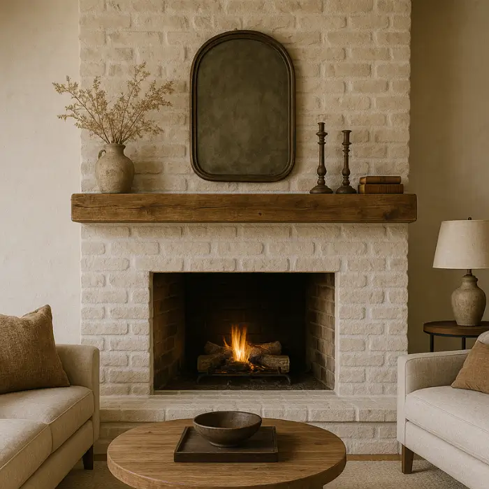 European-style limewashed brick fireplace with soft aged texture.