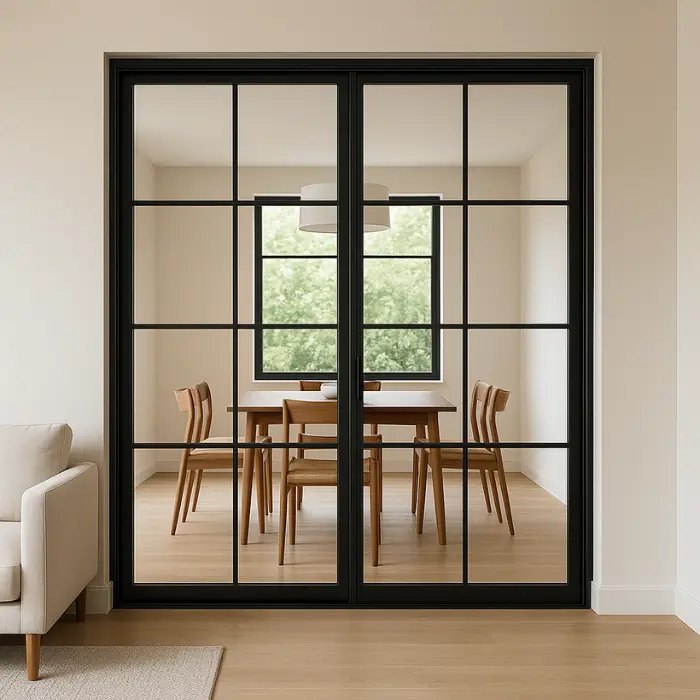 Modern sliding door design with metal frame and transparent glass panels.