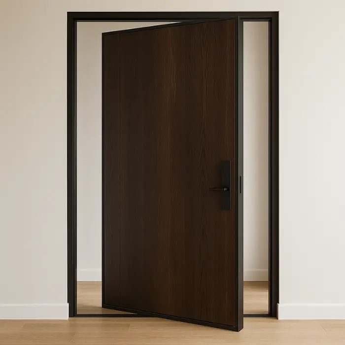Modern pivot door design with architectural detailing and smooth rotation.