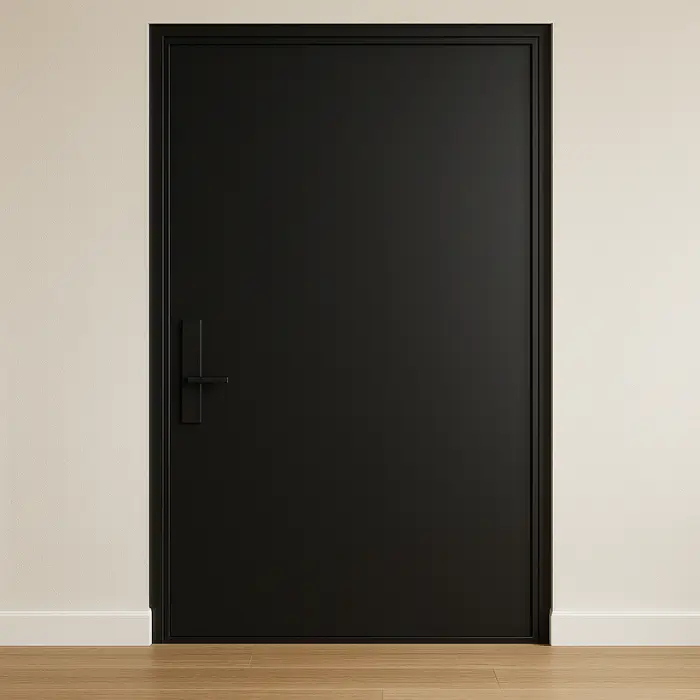Industrial metal door design in matte black for a modern home exterior.