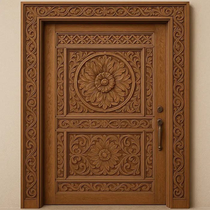Intricate carved wooden door design highlighting traditional craftsmanship.