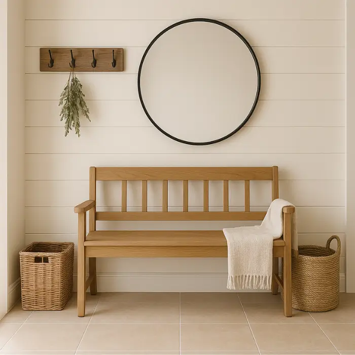 Rustic farmhouse entryway featuring wood textures and cozy natural tones.