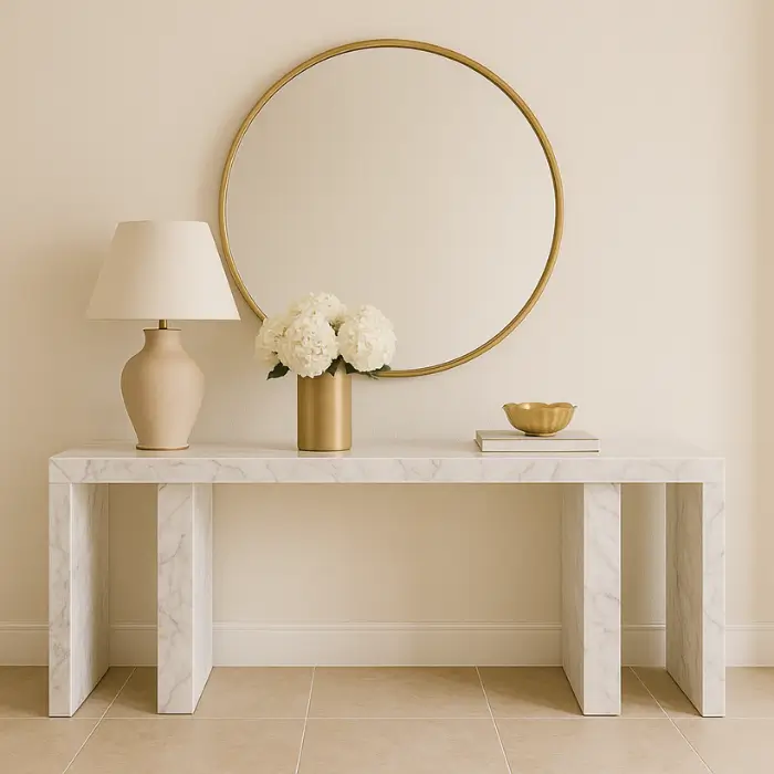 Elegant modern glam entrance hall featuring gold accents and chandelier lighting.
