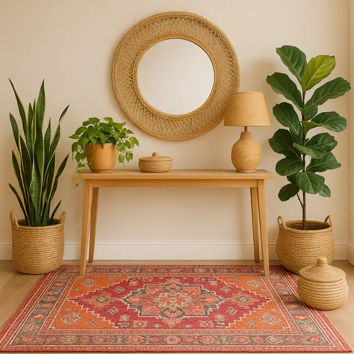  Artistic bohemian entrance hall decorated with plants and patterned textiles.