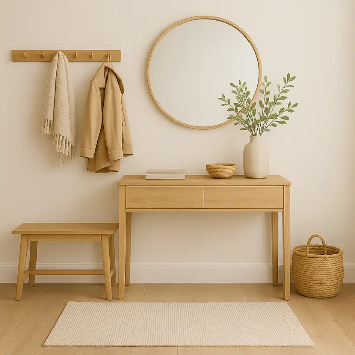  Scandinavian entrance hall with minimalist décor and natural wood tones.