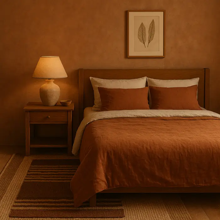 Cozy bedroom with neutral textured rugs and warm flooring.
