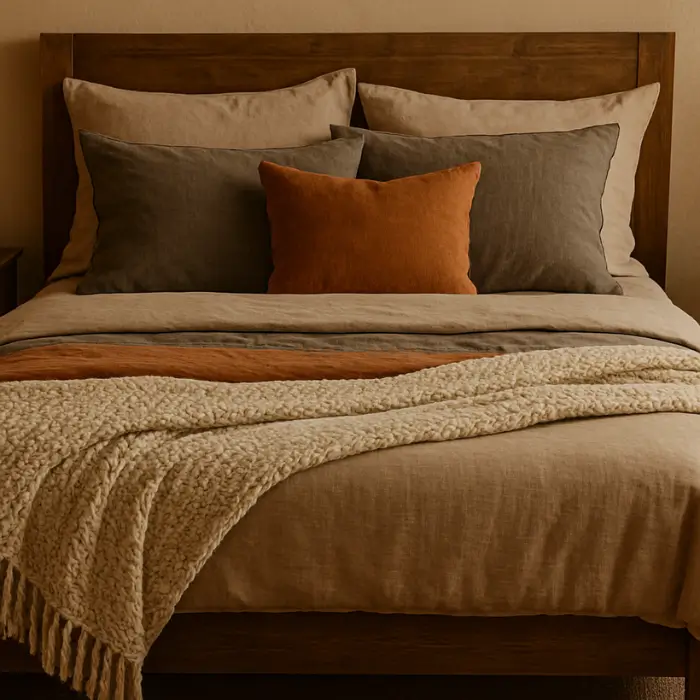 Layered bedding in warm tones with textured throw and cushions.