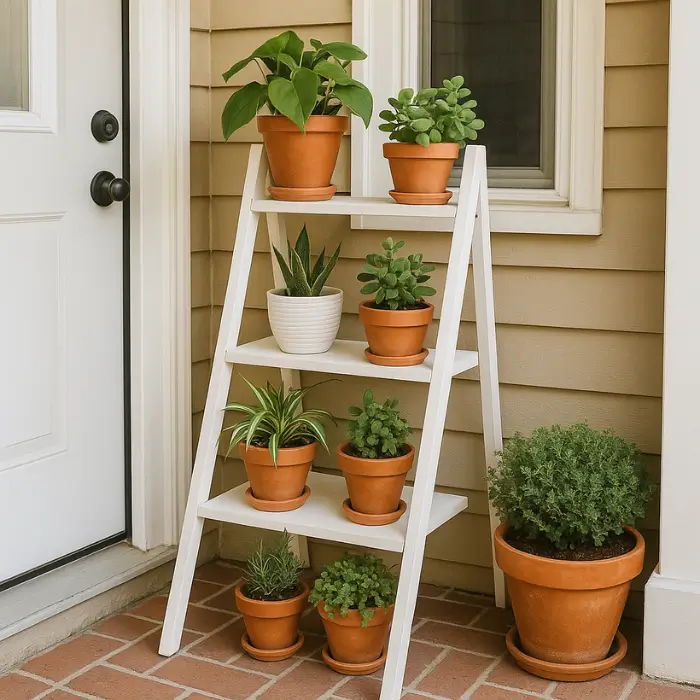 Vertical plant display on a small front porch for space-saving décor.