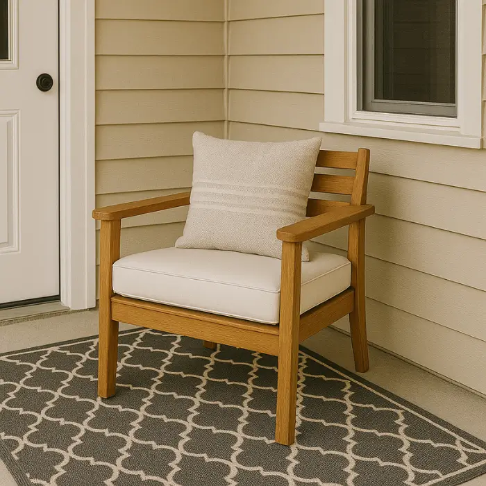 Cozy outdoor textiles for small front porch décor.