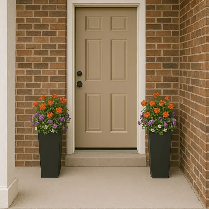 Slim planters with greenery for a small porch space.