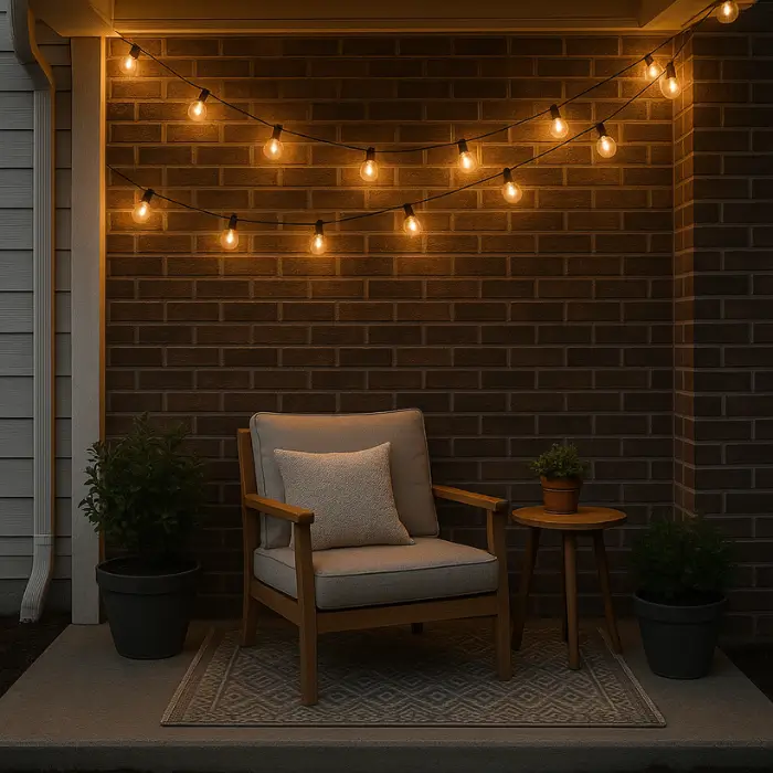 Small porch decorated with string lights for cozy illumination.