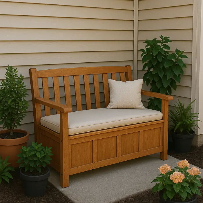 Storage bench for small porch functional décor.